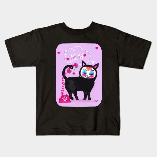 Sassy Cat Black Kitty MEOW with Hearts Kids T-Shirt by Magenta Arts